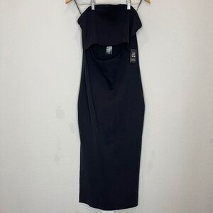 Express Body Contour Midi Dress Women's L Black Strapless Cutout Front Slit